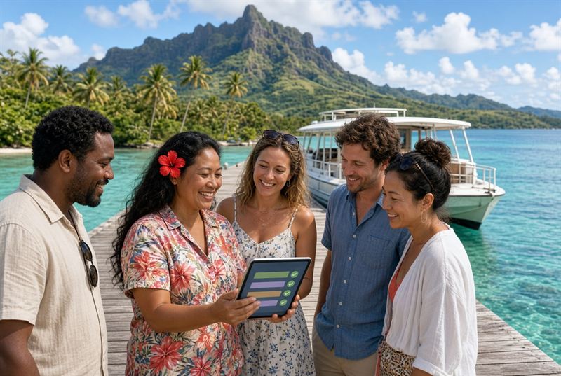 Guide accueillant un groupe de touristes sur un ponton, tablette en main, avant une sortie en bateau