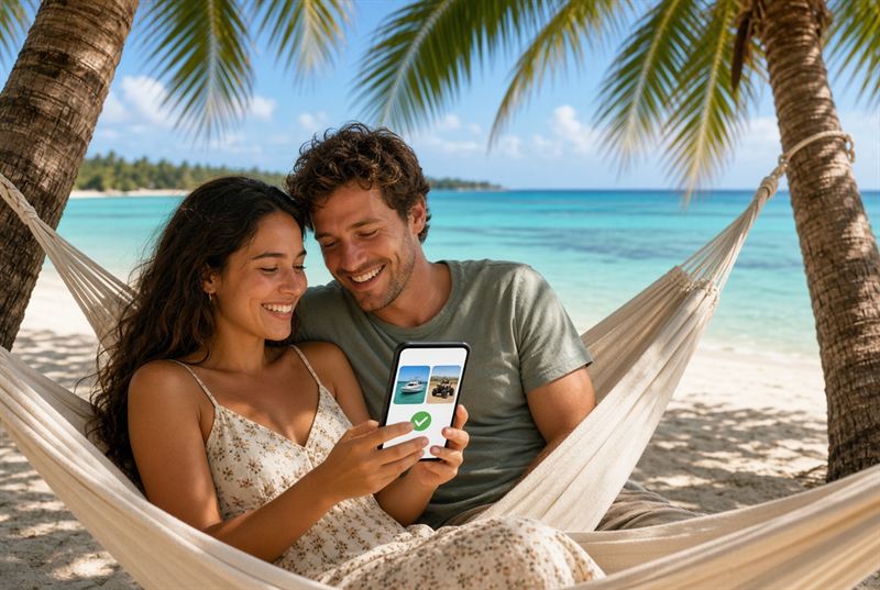 Couple de touristes réservant une excursion sur un smartphone, dans un hamac au bord du lagon